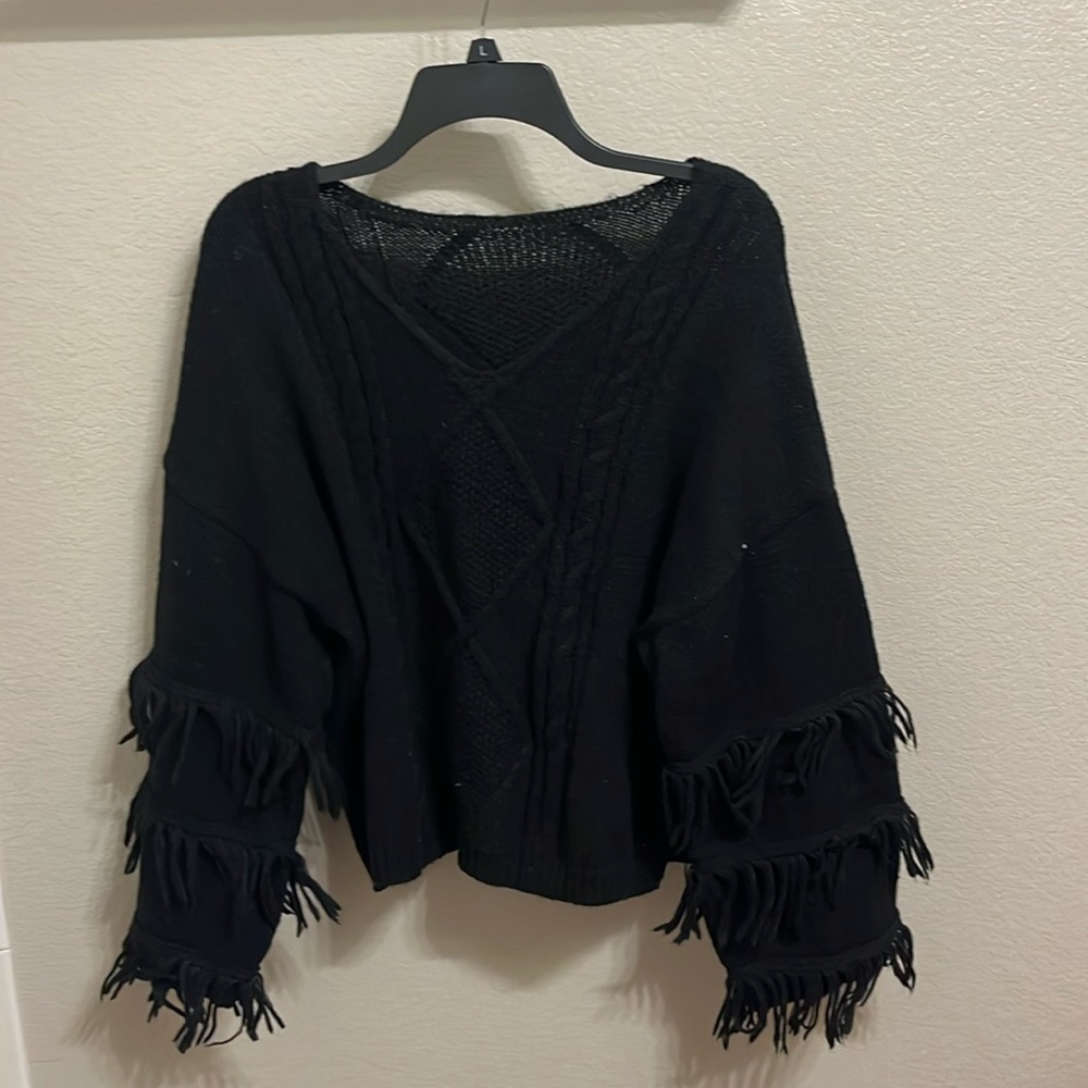 Black Fringe Sleeve Sweater 0XL